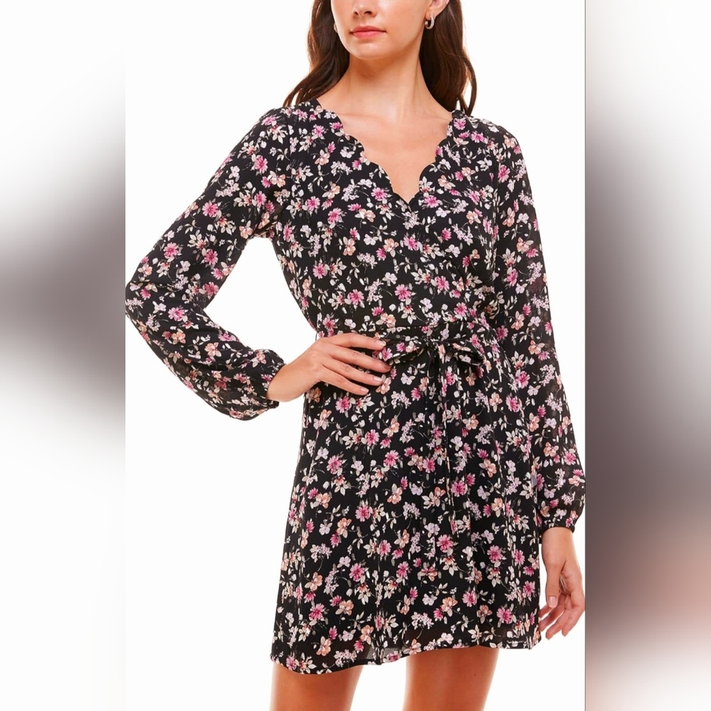 🌸 Trixxi Floral Long Sleeve Dress in Black and Pink